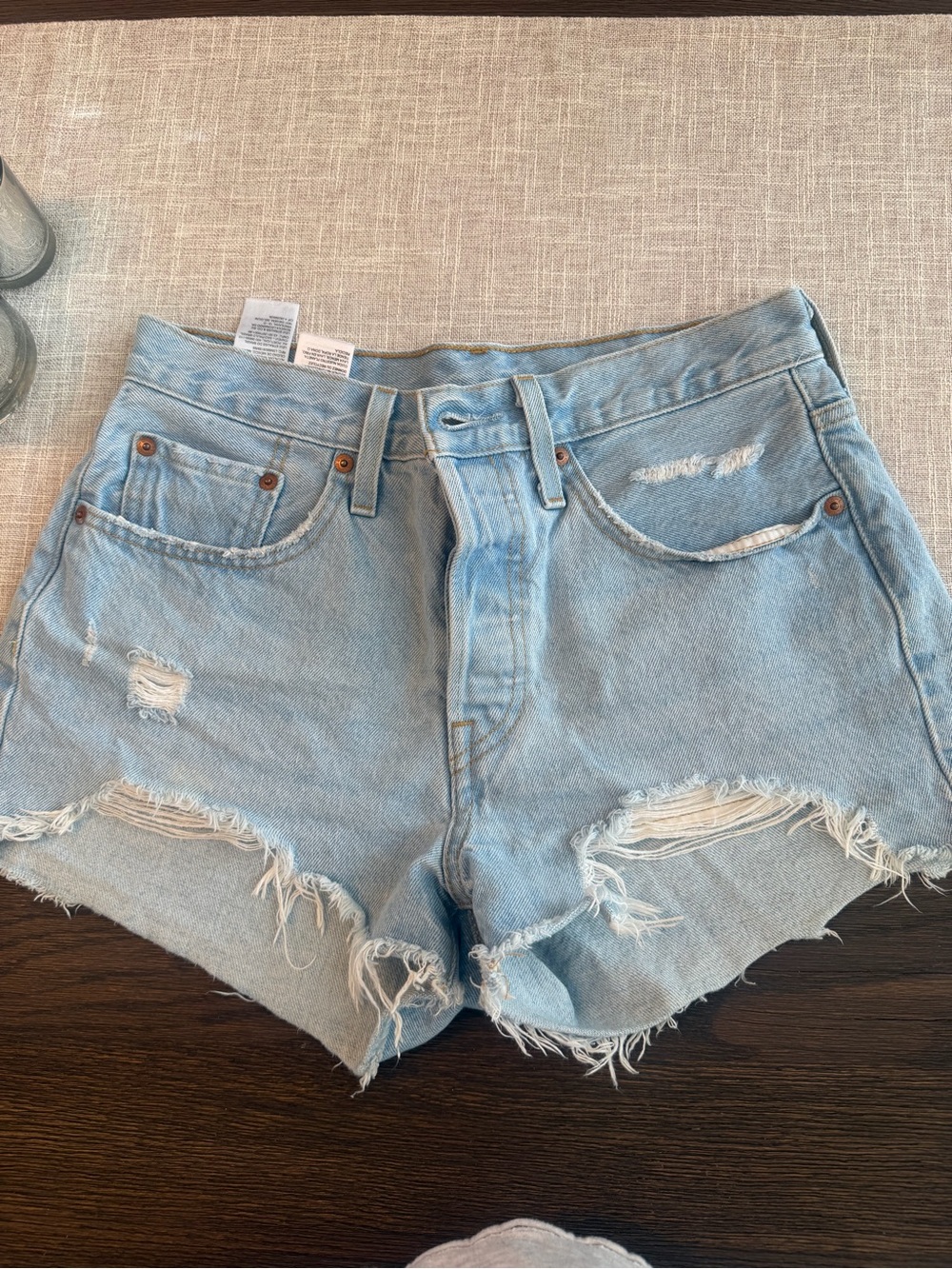 Light Blue Distressed High-Waist Denim Shorts